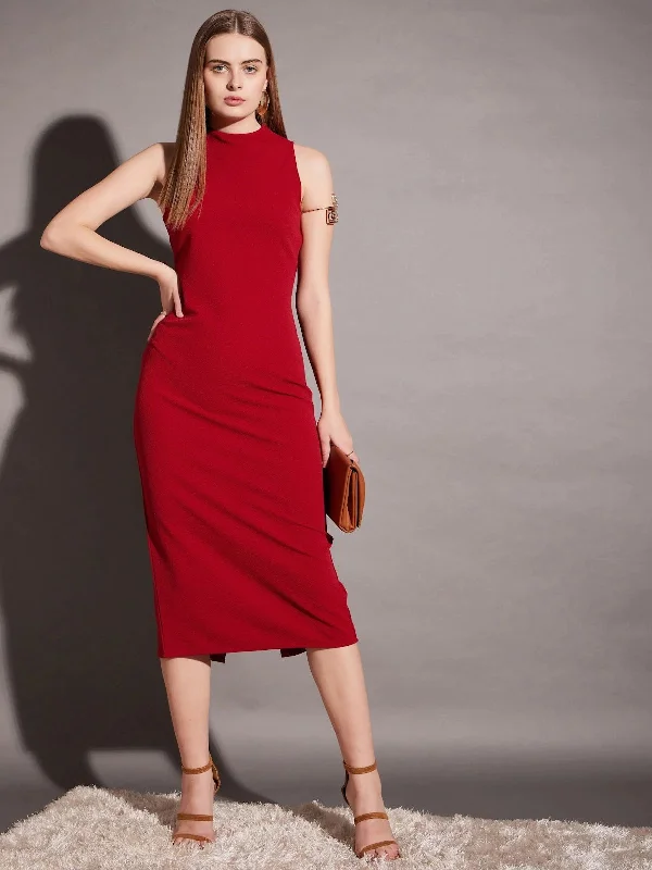 Sleeveless DressSleeveless high neck bodycon midi dress in Red Color