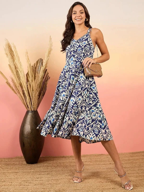 Elegant DressStrappy flared Midi dress in Blue Ikkat Print