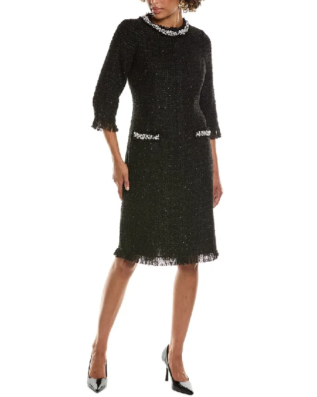 Flutter-Sleeve DressTeri Jon by Rickie Freeman Metallic Boucle Pearl Midi Dress