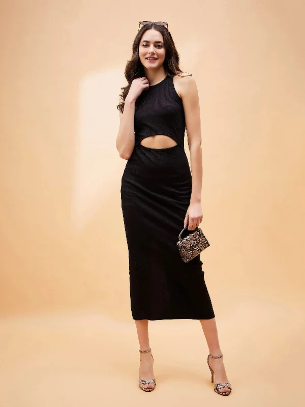 women's flowy dressesWomen Black Front Cut Out Rib Midi Dress