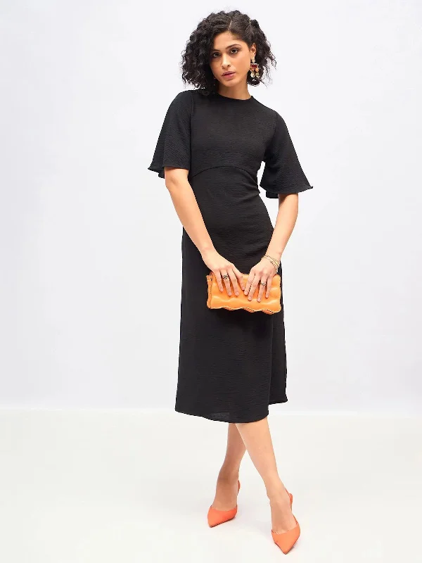 Floor-Length DressWomen Black Knit Back Cut-Out Midi Dress