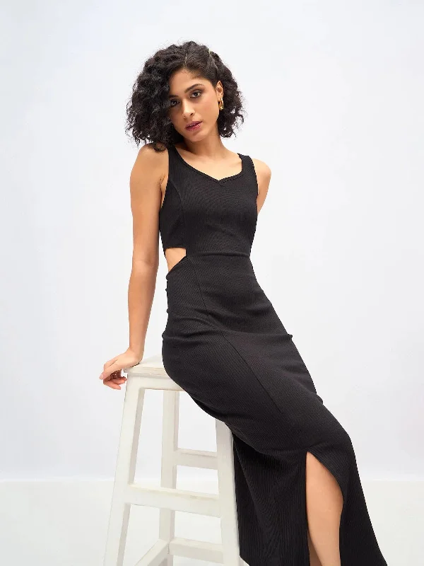 Ruffled Hem DressWomen Black Rib Waist Cut-Out Midi Dress