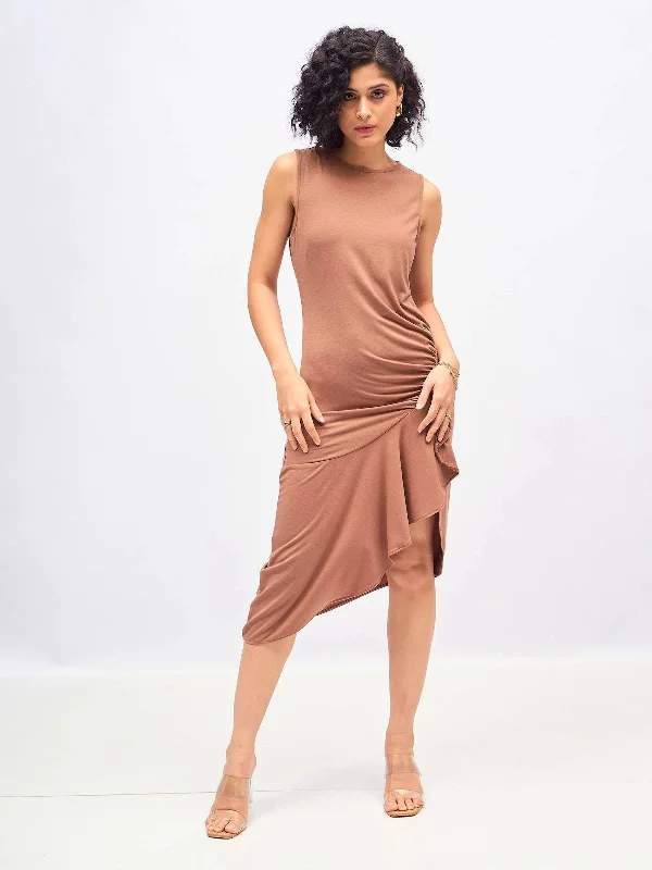 Polka-Dot DressWomen Brown Box Back Cascade Ruffle Midi Dress