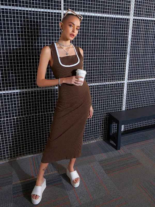 Skater DressWomen Brown Rib Contrast Binding Back Slit Midi Dress