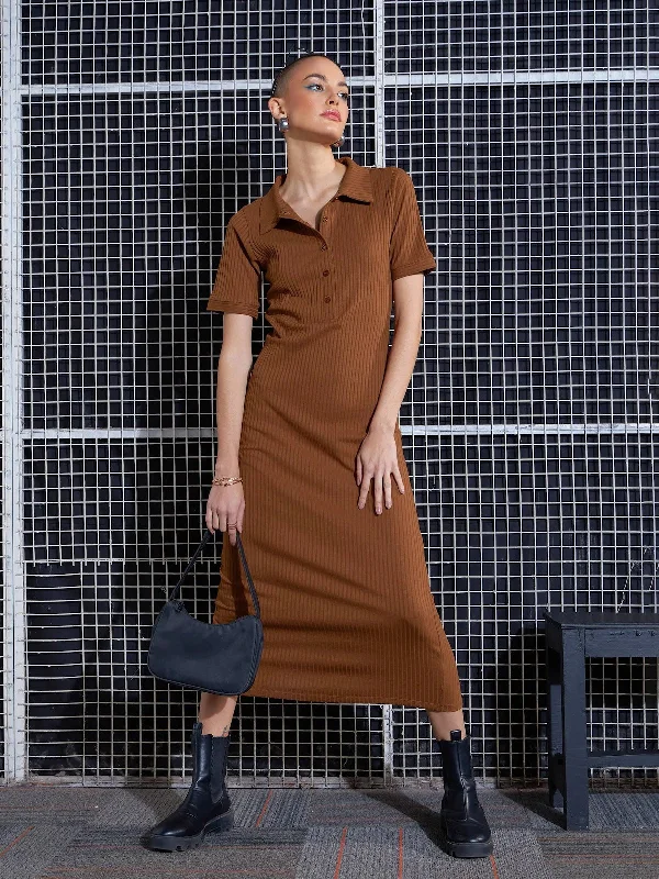 women's ruffle dressesWomen Brown Rib Polo Neck Bodycon Midi Dress