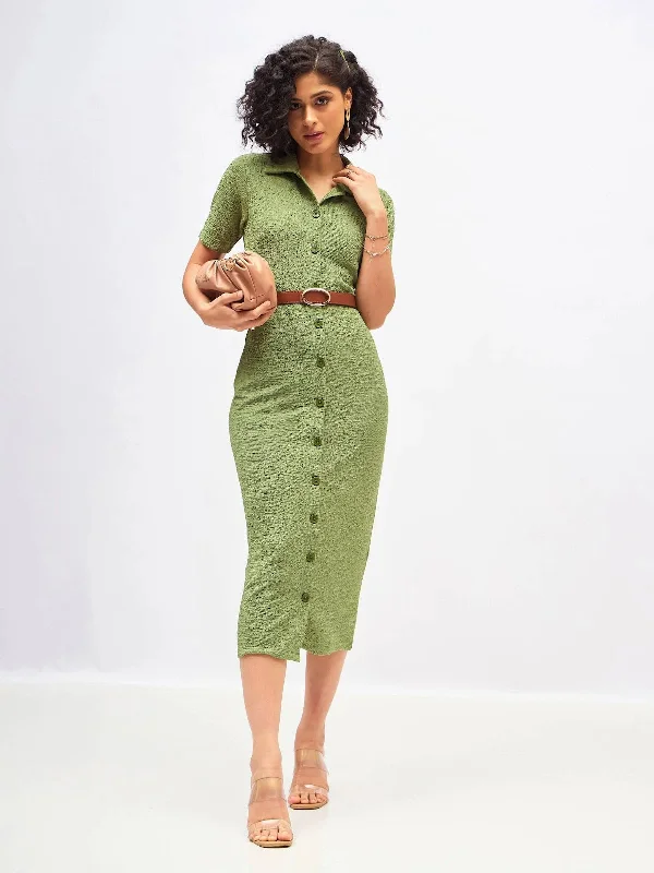 Bow-Tie DressWomen Green Knitted Front Button Bodycon Midi Dress