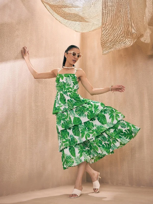 women's pastel dressesWomen Green Leaf Print Frill Strappy Midi Dress