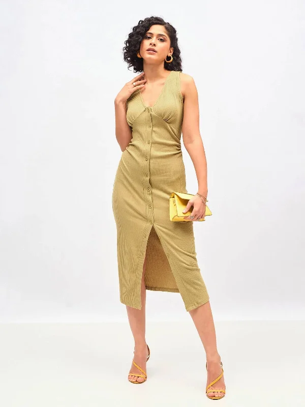 Ruffle DressWomen Khaki Rib Front Button Bodycon Midi Dress