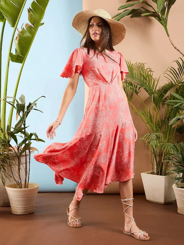 Knit DressWomen Peach Floral Asymmetric Hem Midi Dress