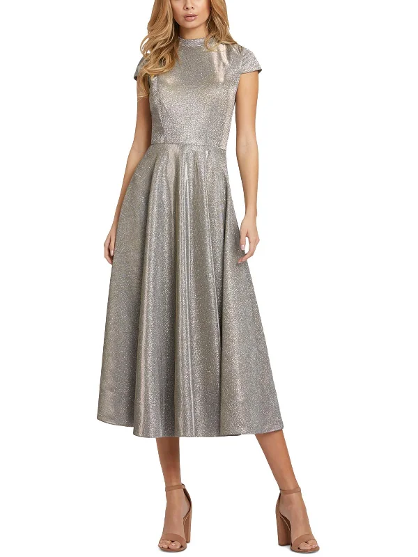 women's cinched-waist dressesWomens Metallic Cap Sleeves Midi Dress