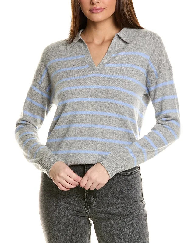 Luxurious SweatersAmicale Cashmere Striped V-Neck Johnny Collar Cashmere Sweater