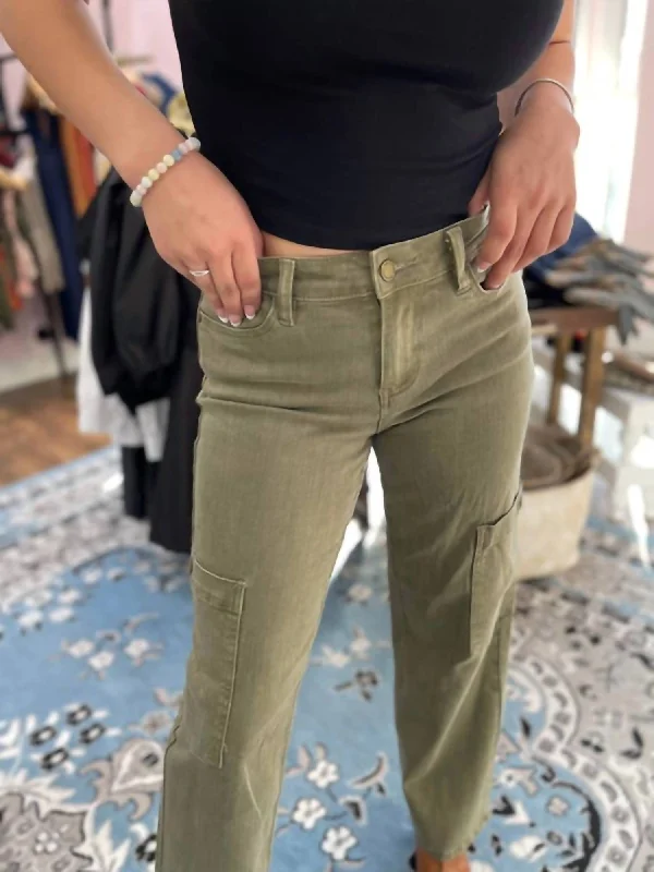 women's denim jeans with functional pocketsHigh Rise Straight Cargo In Green Olive