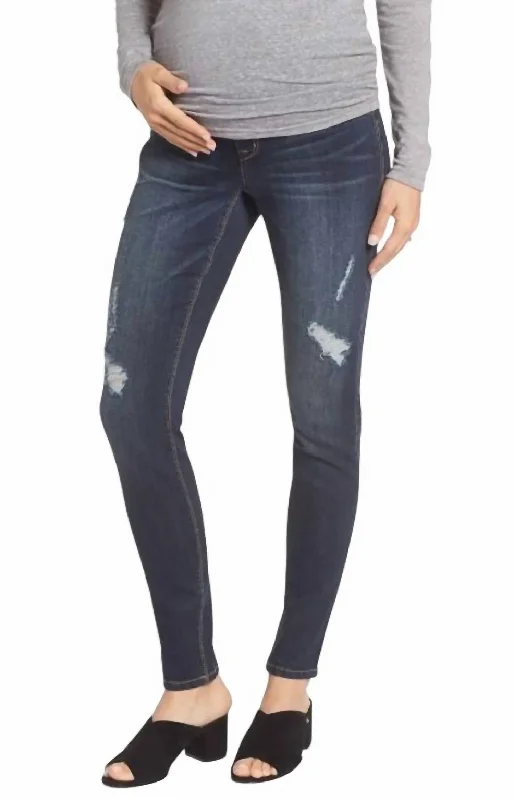 women's denim jeans with contrasting stitchingMaternity Pull On Distressed Jeans In Blue