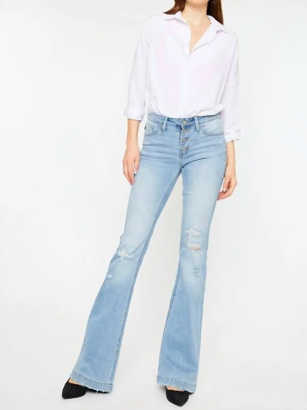 women's denim jeans for a flattering silhouetteMid-Rise Button Up Distress Flare Jeans In Medium Wash