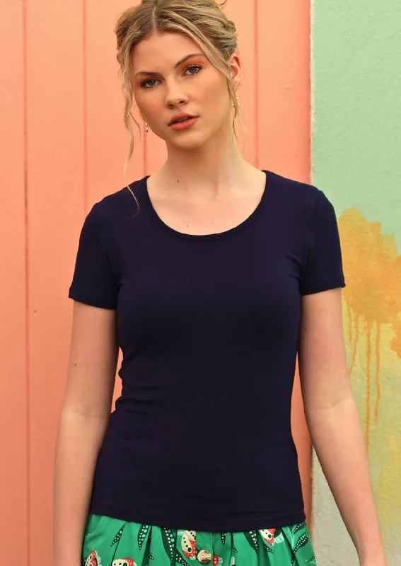 women's tops with beading accentsScoop Neck T-Shirt Navy Blue