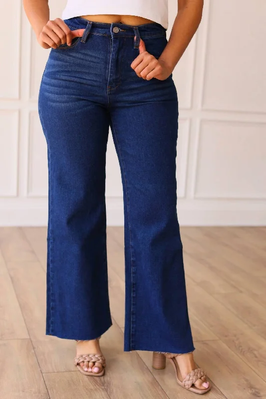 women's capri denim jeansThe Dakota High Rise Wide Leg With Fray Hem Denim In True Blue