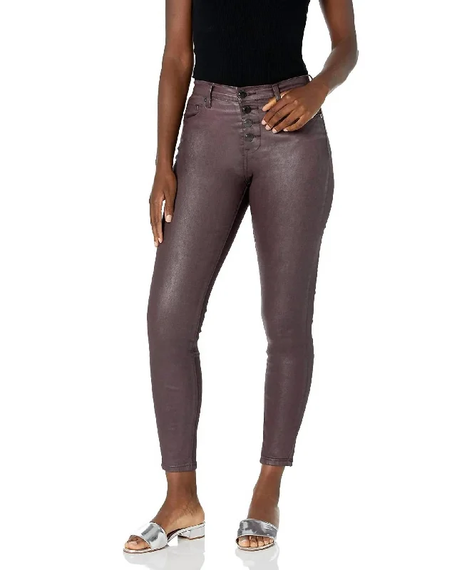 women's denim jeans with cotton blendThe Great Jones Coated Skinny Jeans With Exposed Buttons In Burgundy